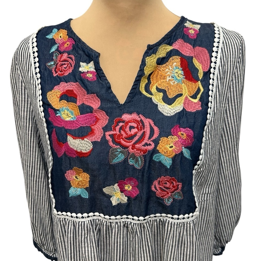 Angel Heart Vibrant Floral Embroidered Striped Lined Tunic or Dress Medium Boho. - Picture 3 of 15